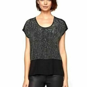 Eileen Fisher Sequined Rivulet Silk Crepe de Chine Blouse in Black, Size XS